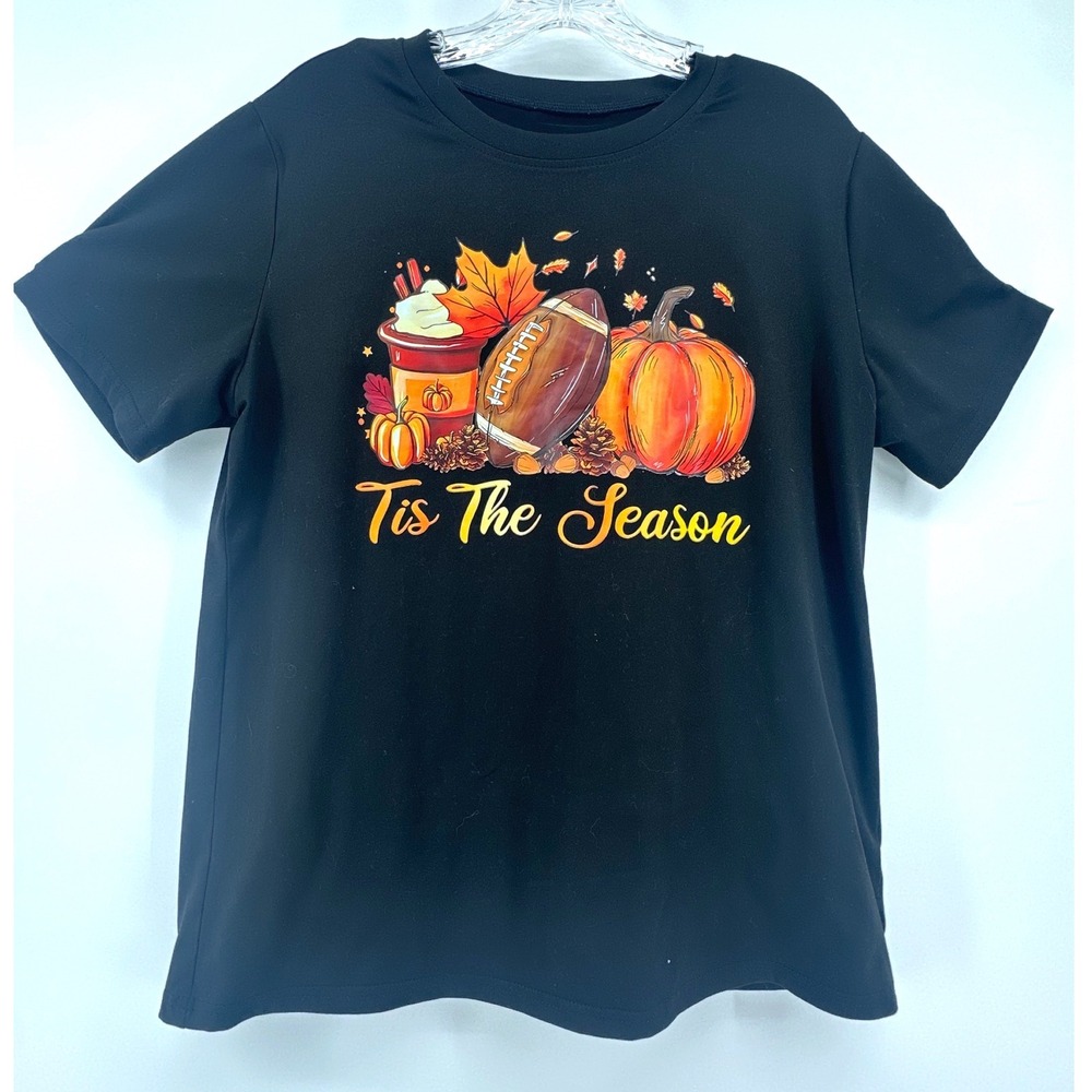 Fall Tis The Season Football Pumpkin Graphic Tee Black Short Sleeve Shirt L